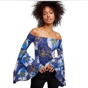 We The Free Birds Of Paradise Floral Bell Sleeve Blouse Blue